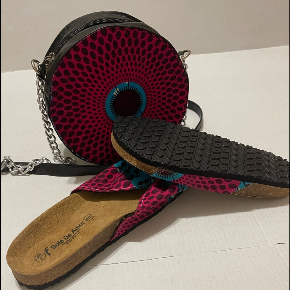 Crossbody Bag and Birkenstock Slippers.